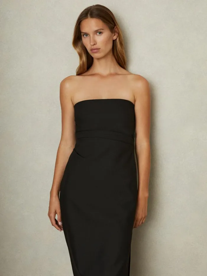 REISS Dresses Women Strapless Pleated Midi Dress Black
