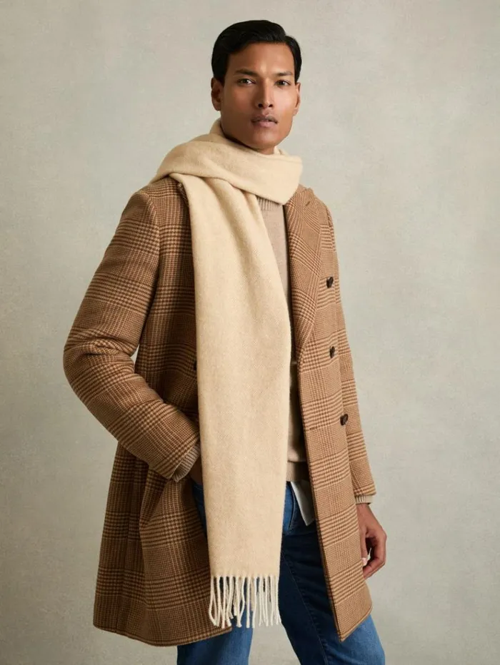 REISS Hats Gloves and Scarves Men Wool Blend Herringbone Scarf Oatmealwhite