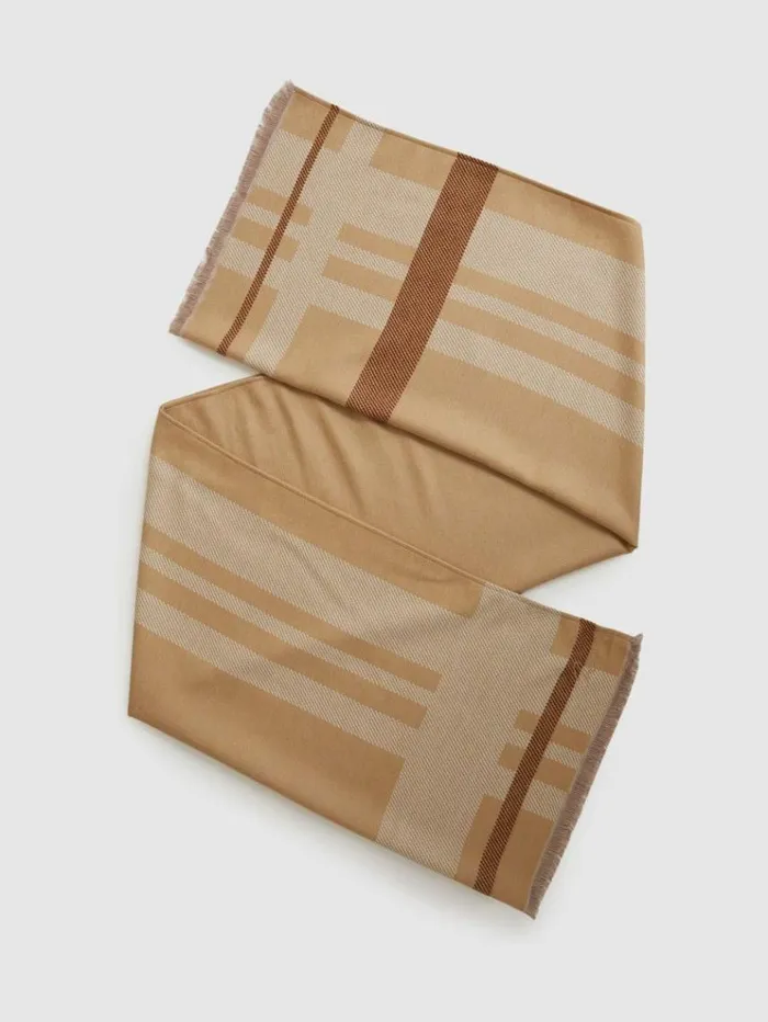 REISS Hats Gloves and Scarves Women Logo Embroidered Checked Scarf Camel