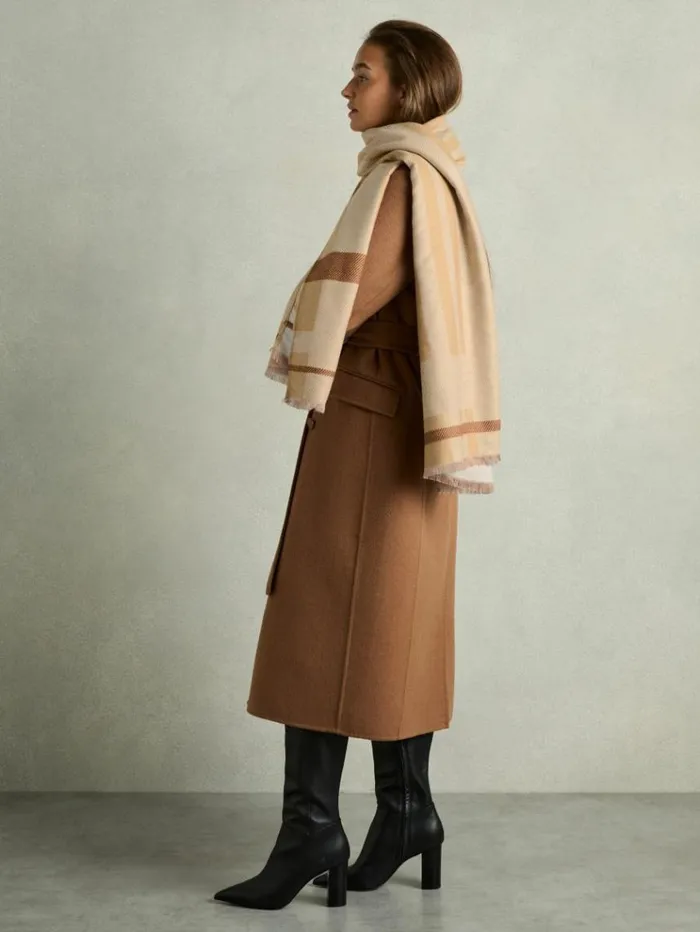 REISS Hats Gloves and Scarves Women Logo Embroidered Checked Scarf Camel