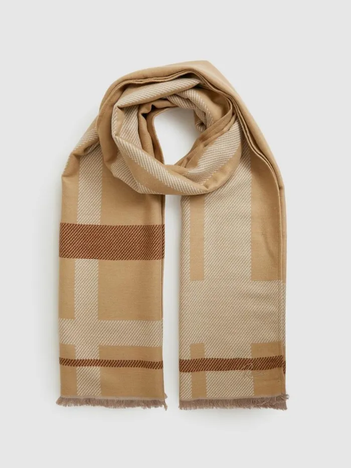 REISS Hats Gloves and Scarves Women Logo Embroidered Checked Scarf Camel
