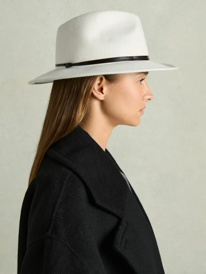 REISS Hats Gloves and Scarves Women Wool Felt Leather Band Fedora Ivory