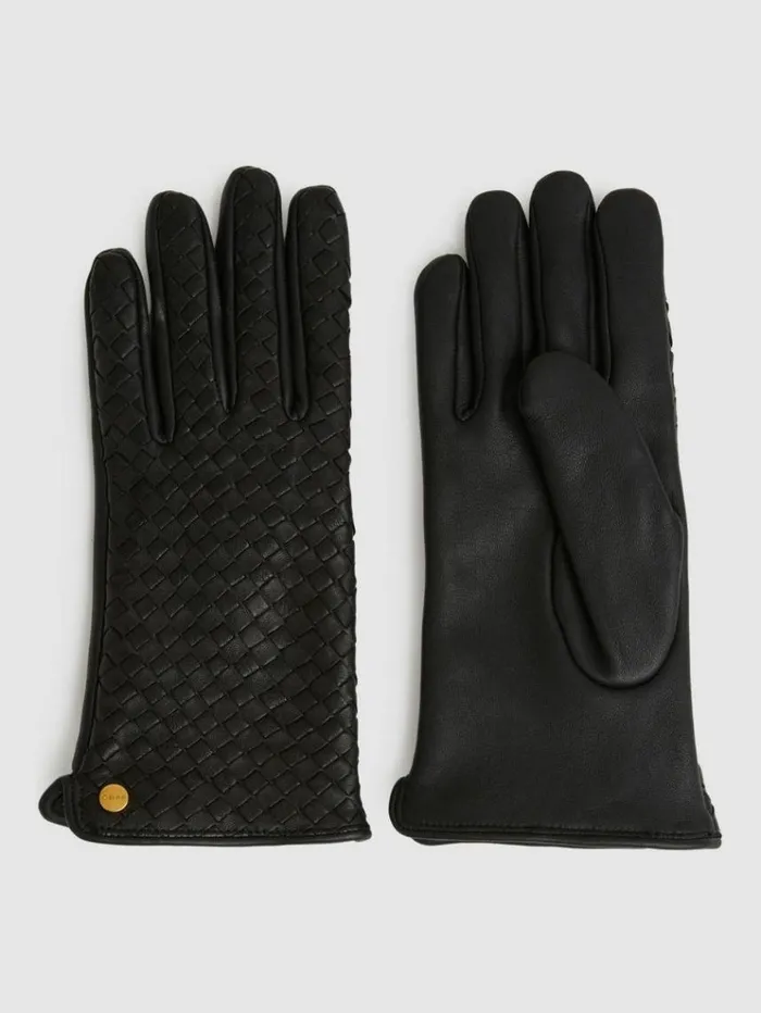 REISS Hats Gloves and Scarves Women Woven Leather Gloves Black