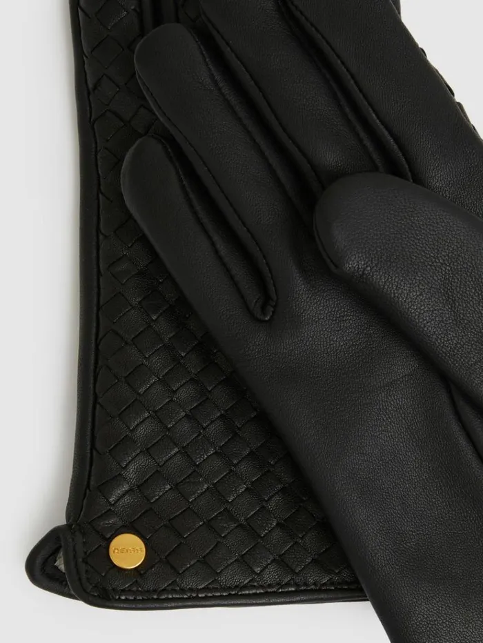 REISS Hats Gloves and Scarves Women Woven Leather Gloves Black