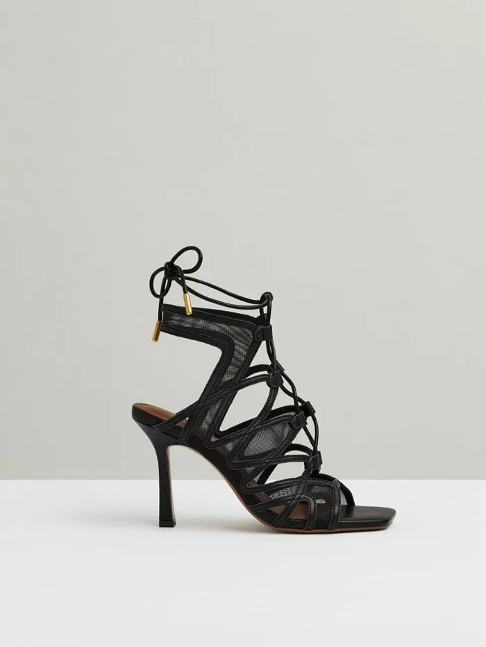 REISS Heels Women Mesh Leather Strappy Heels Black
