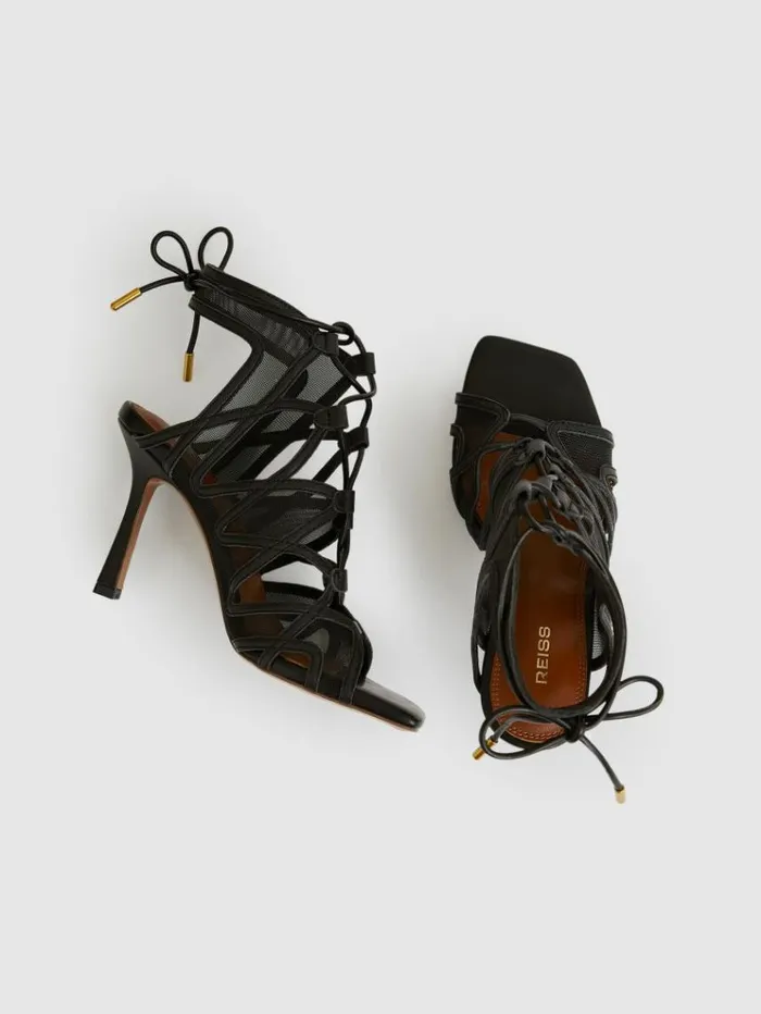 REISS Heels Women Mesh Leather Strappy Heels Black