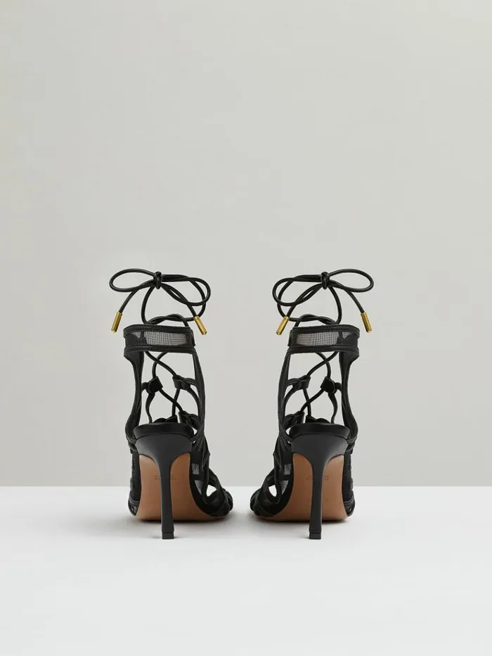 REISS Heels Women Mesh Leather Strappy Heels Black