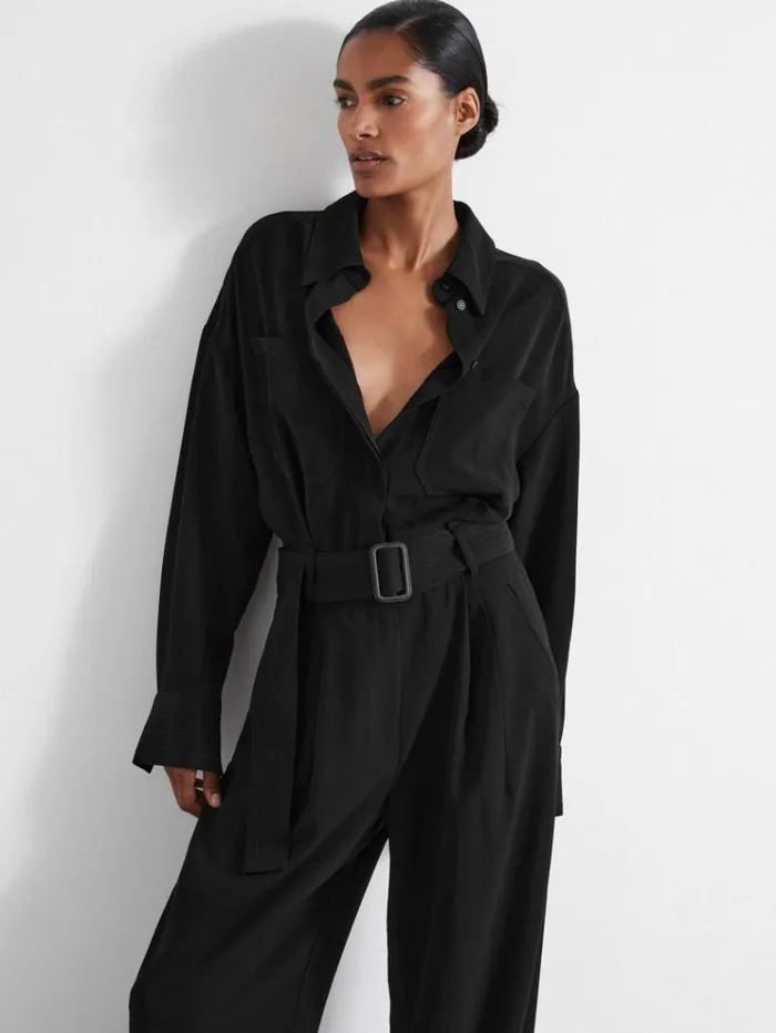 REISS Jumpsuits and Rompers Women Atelier Belted Crepe Jumpsuit Black