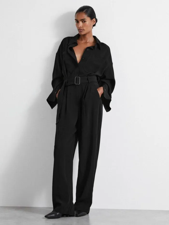 REISS Jumpsuits and Rompers Women Atelier Belted Crepe Jumpsuit Black