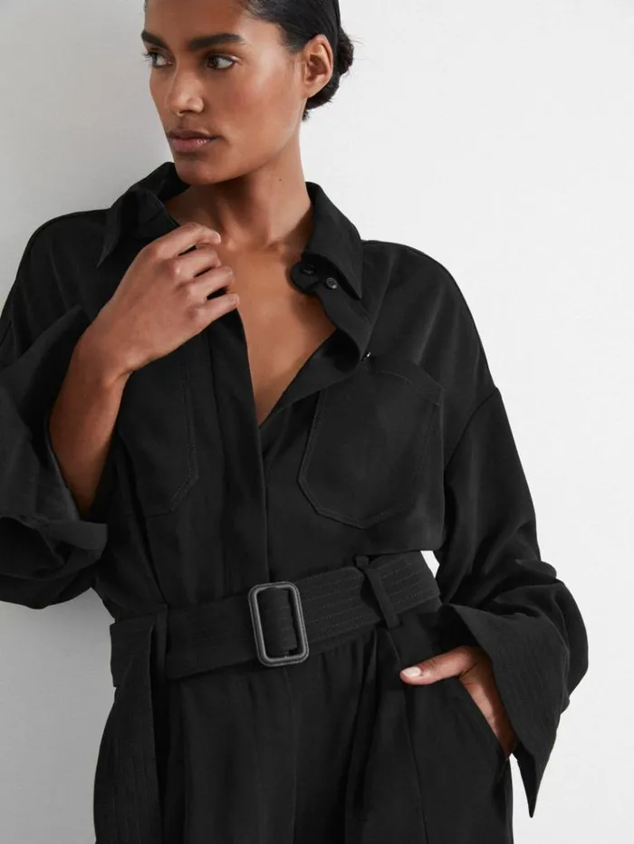 REISS Jumpsuits and Rompers Women Atelier Belted Crepe Jumpsuit Black