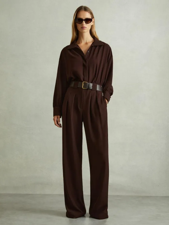 REISS Jumpsuits and Rompers Women Belted Wide Leg Jumpsuit Burgundy
