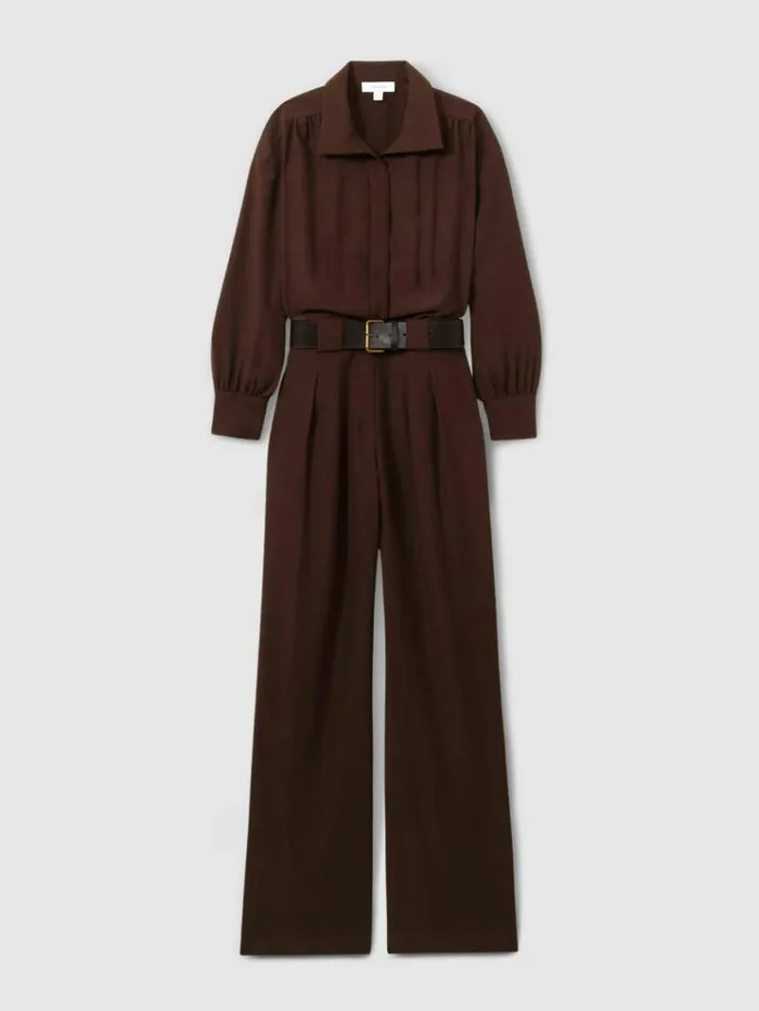 REISS Jumpsuits and Rompers Women Belted Wide Leg Jumpsuit Burgundy
