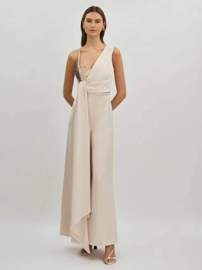 REISS Jumpsuits and Rompers Women Halston Satin Sequin Wide Leg Jumpsuit Champagne REISS Jumpsuits and Rompers Women Halston Satin Sequin Wide Leg Jumpsuit Champagne