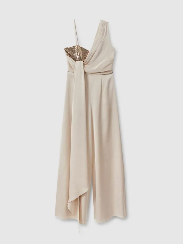 REISS Jumpsuits and Rompers Women Halston Satin Sequin Wide Leg Jumpsuit Champagne