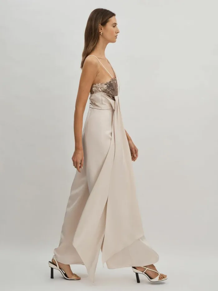 REISS Jumpsuits and Rompers Women Halston Satin Sequin Wide Leg Jumpsuit Champagne