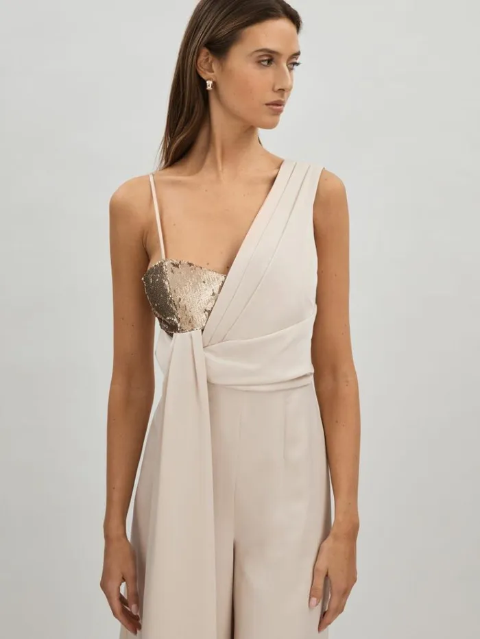 REISS Jumpsuits and Rompers Women Halston Satin Sequin Wide Leg Jumpsuit Champagne
