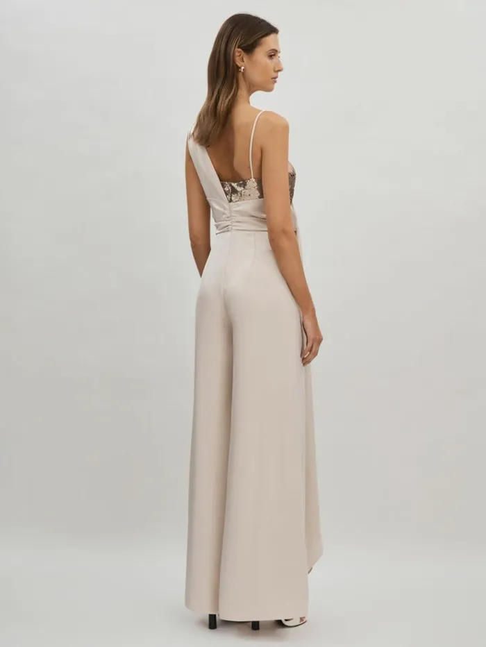 REISS Jumpsuits and Rompers Women Halston Satin Sequin Wide Leg Jumpsuit Champagne