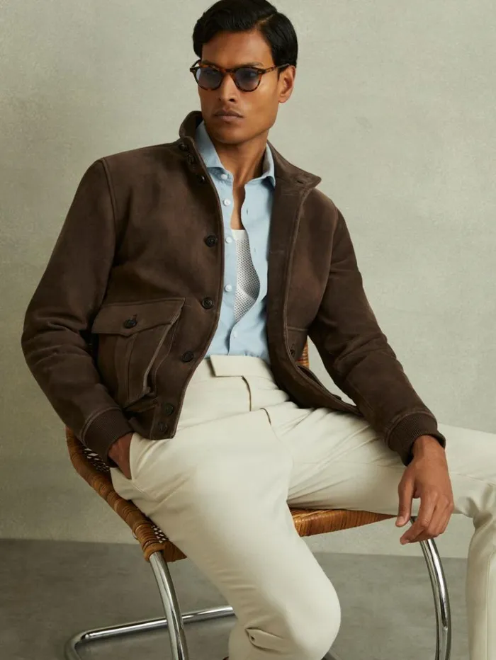 REISS Leather and Suede Jackets Men Suede Harrington Jacket Chocolate Brown