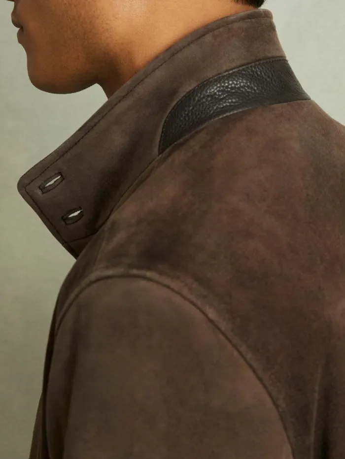 REISS Leather and Suede Jackets Men Suede Harrington Jacket Chocolate Brown