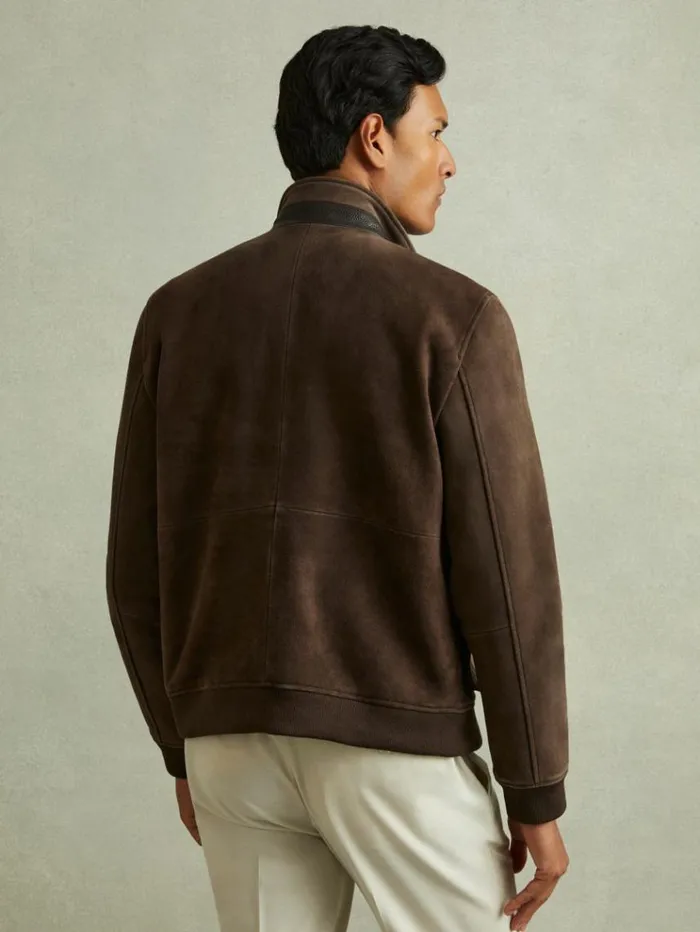 REISS Leather and Suede Jackets Men Suede Harrington Jacket Chocolate Brown