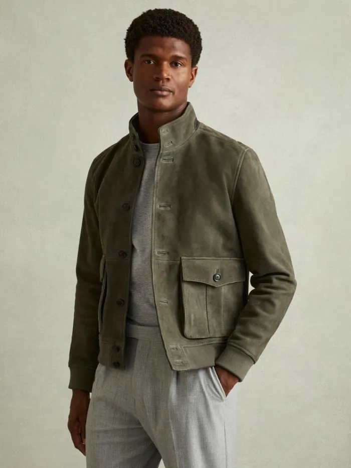 REISS Leather and Suede Jackets Men Suede Harrington Jacket Light Khaki Green REISS Leather and Suede Jackets Men Suede Harrington Jacket Light Khaki Green