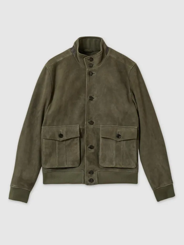 REISS Leather and Suede Jackets Men Suede Harrington Jacket Light Khaki Green