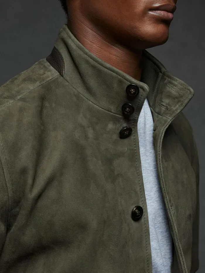 REISS Leather and Suede Jackets Men Suede Harrington Jacket Light Khaki Green