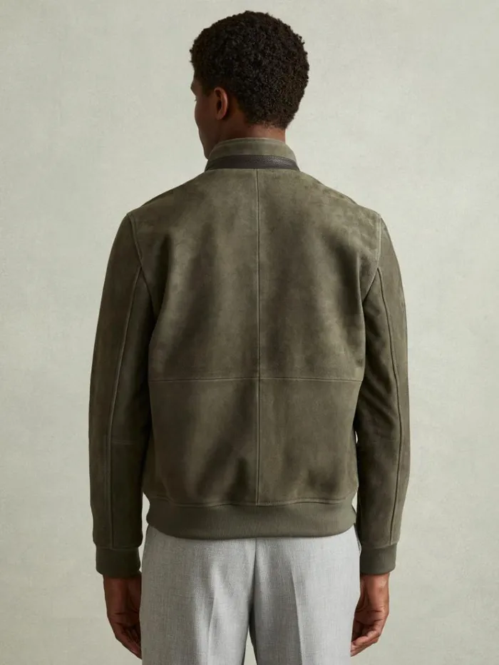 REISS Leather and Suede Jackets Men Suede Harrington Jacket Light Khaki Green