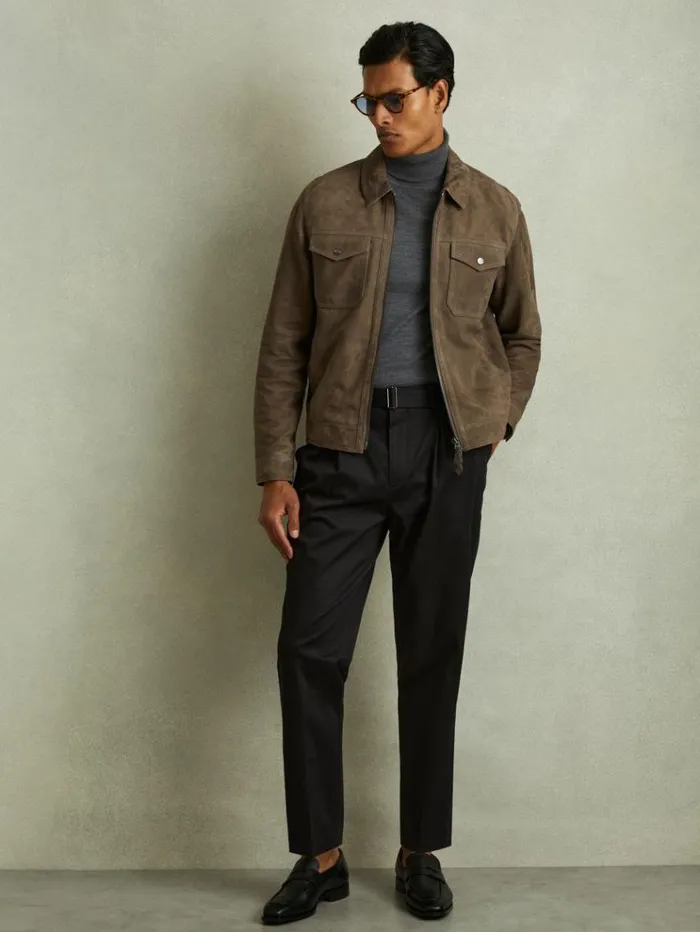 REISS Leather and Suede Jackets Men Suede Zip Through Trucker Jacket Light Charcoal Grey REISS Leather and Suede Jackets Men Suede Zip Through Trucker Jacket Light Charcoal Grey