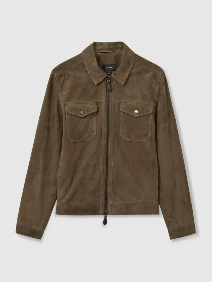 REISS Leather and Suede Jackets Men Suede Zip Through Trucker Jacket Light Charcoal Grey