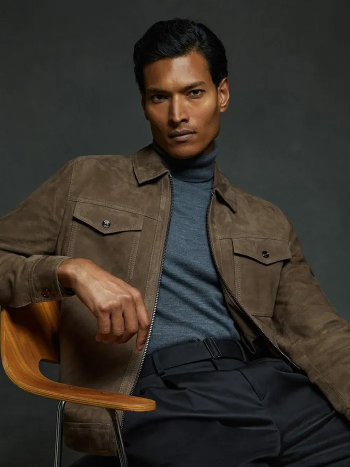 REISS Leather and Suede Jackets Men Suede Zip Through Trucker Jacket Light Charcoal Grey
