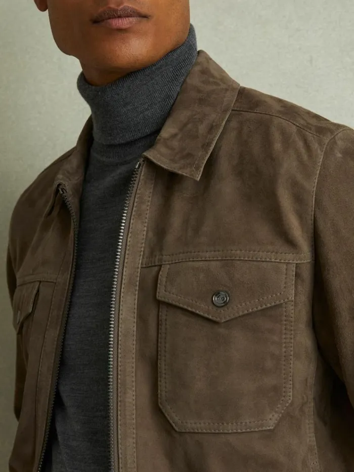 REISS Leather and Suede Jackets Men Suede Zip Through Trucker Jacket Light Charcoal Grey