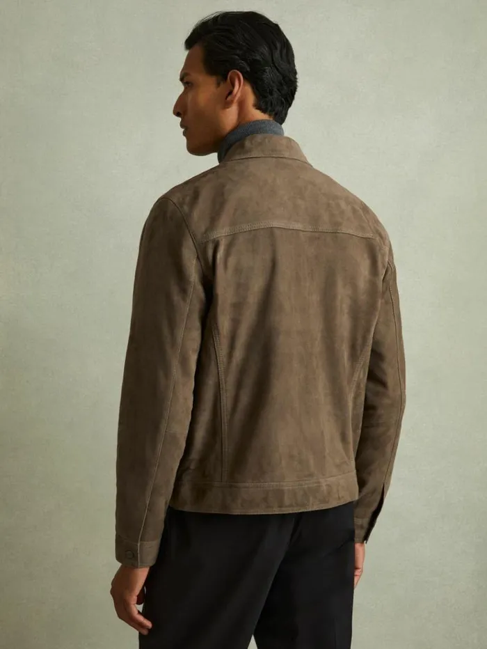 REISS Leather and Suede Jackets Men Suede Zip Through Trucker Jacket Light Charcoal Grey