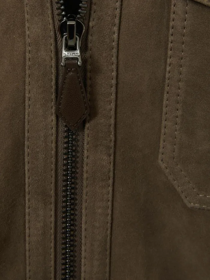 REISS Leather and Suede Jackets Men Suede Zip Through Trucker Jacket Light Charcoal Grey