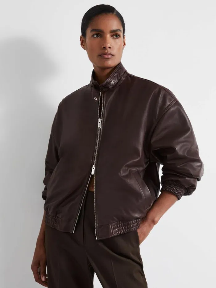REISS Leather Jackets Women Atelier Leather Latched Collar Bomber Jacket Berry REISS Leather Jackets Women Atelier Leather Latched Collar Bomber Jacket Berry