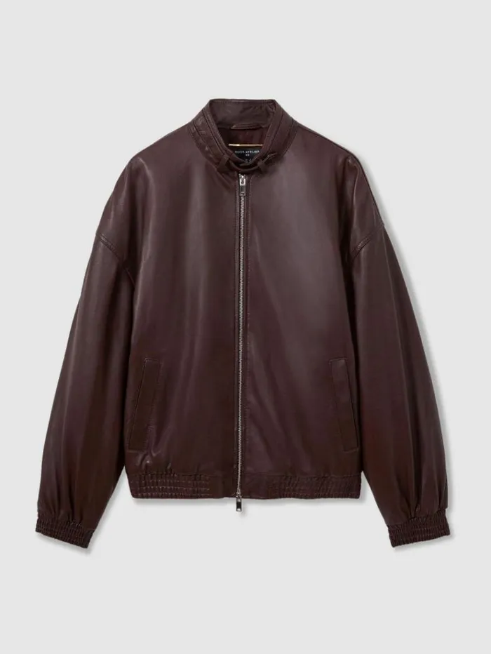 REISS Leather Jackets Women Atelier Leather Latched Collar Bomber Jacket Berry