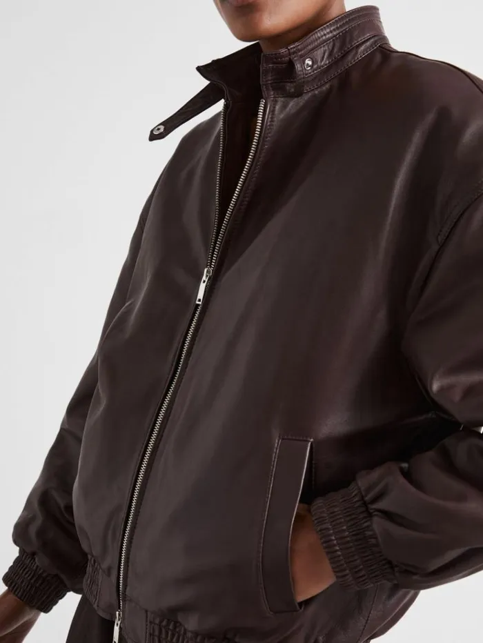 REISS Leather Jackets Women Atelier Leather Latched Collar Bomber Jacket Berry