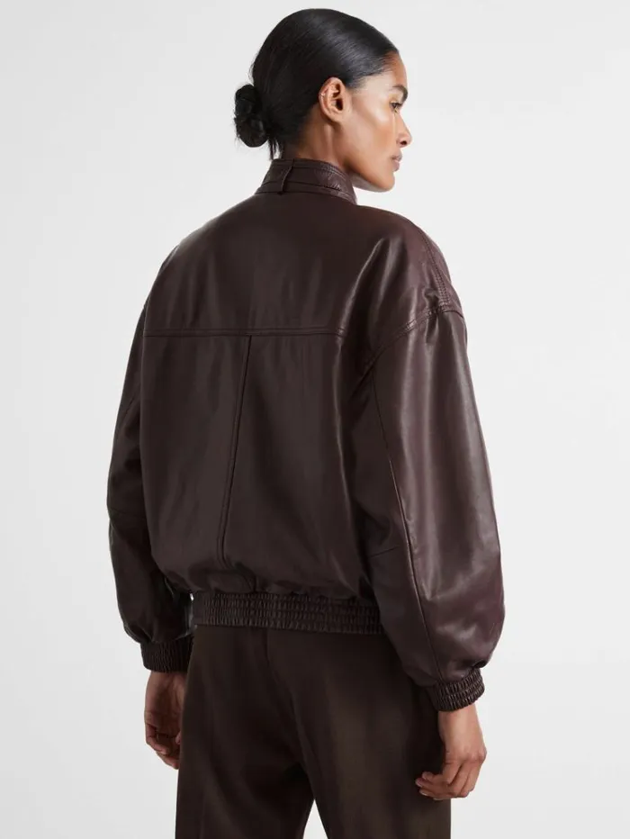 REISS Leather Jackets Women Atelier Leather Latched Collar Bomber Jacket Berry