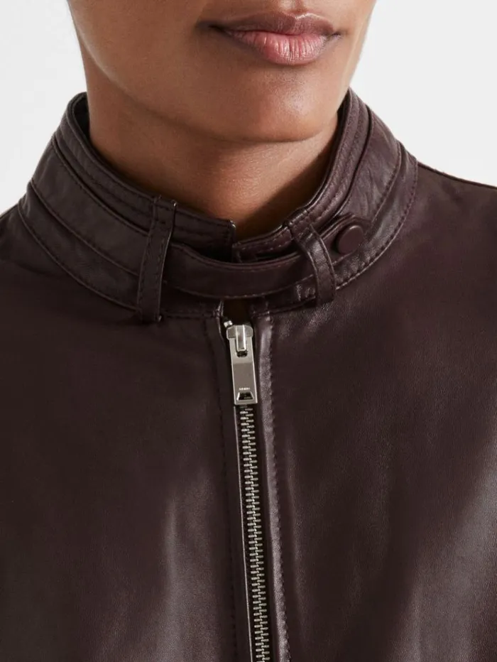 REISS Leather Jackets Women Atelier Leather Latched Collar Bomber Jacket Berry