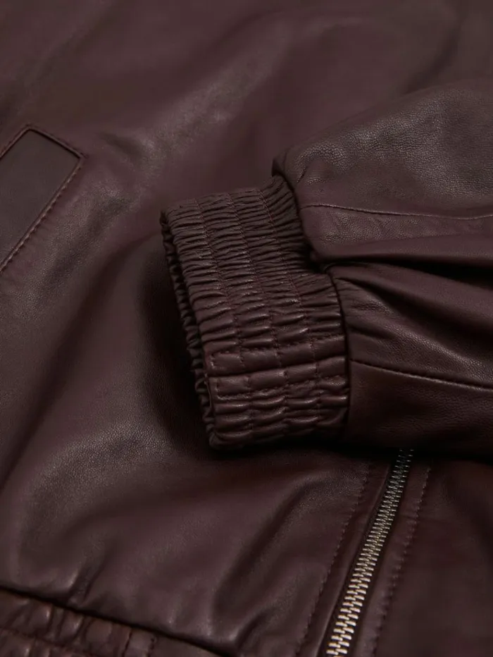 REISS Leather Jackets Women Atelier Leather Latched Collar Bomber Jacket Berry