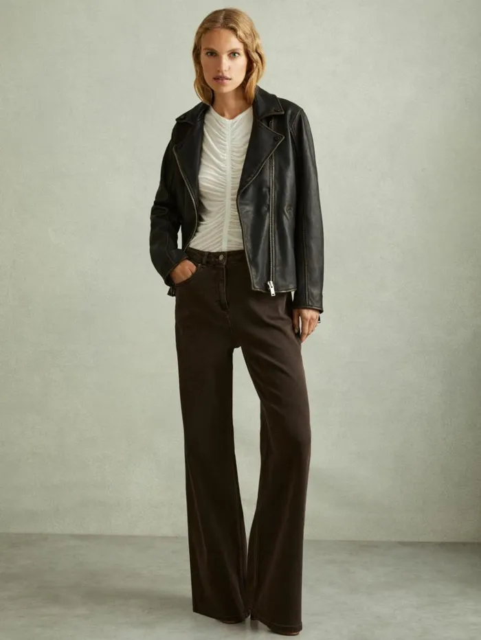 REISS Leather Jackets Women Relaxed Leather Biker Jacket Black
