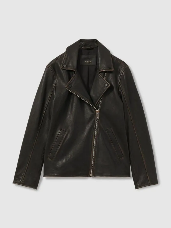 REISS Leather Jackets Women Relaxed Leather Biker Jacket Black