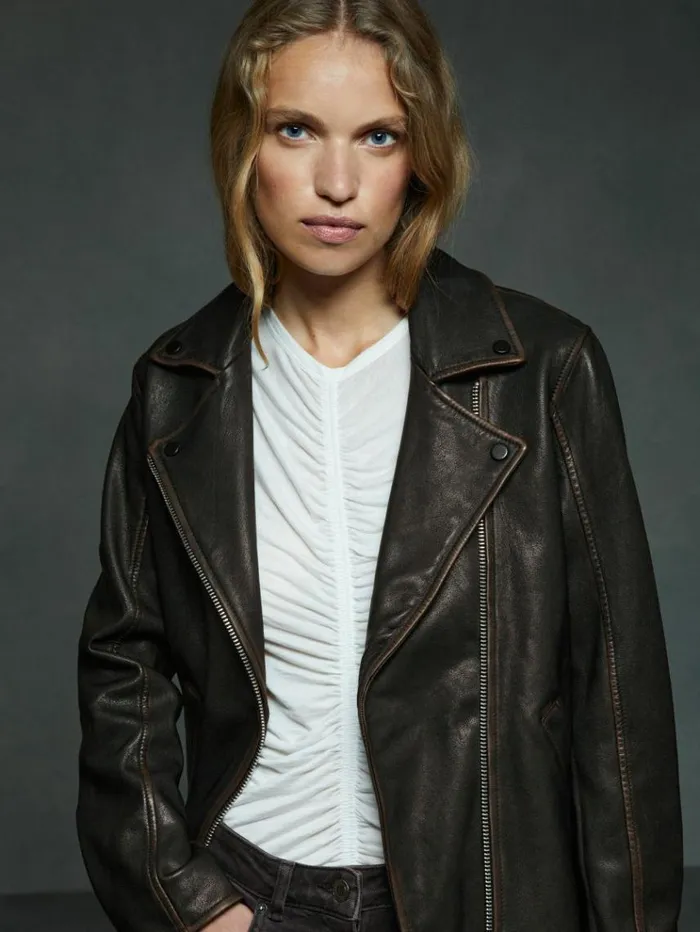 REISS Leather Jackets Women Relaxed Leather Biker Jacket Black