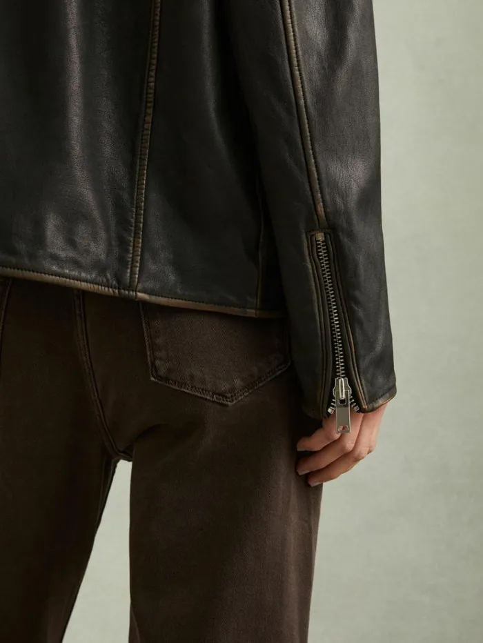 REISS Leather Jackets Women Relaxed Leather Biker Jacket Black