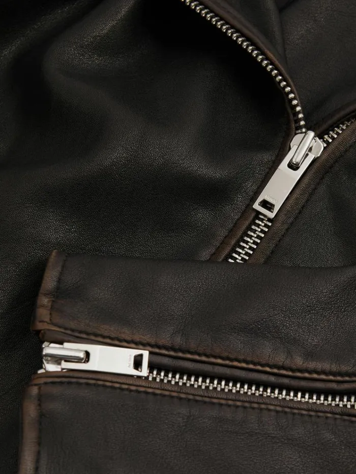 REISS Leather Jackets Women Relaxed Leather Biker Jacket Black