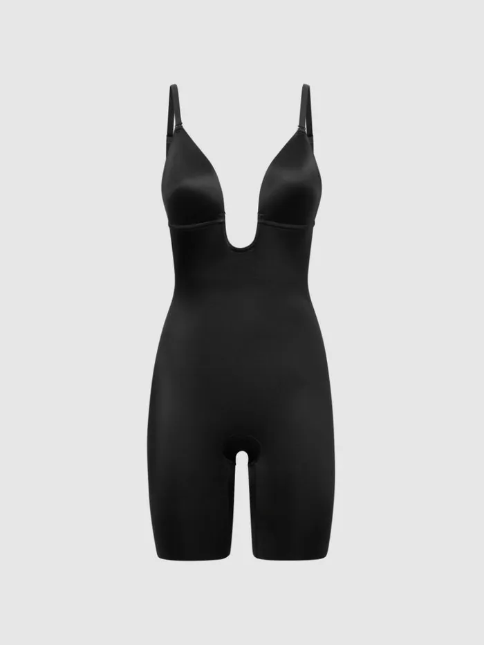 REISS Lingerie Women Spanx Shapewear Firming Plunge LowBack MidThigh Bodysuit Black