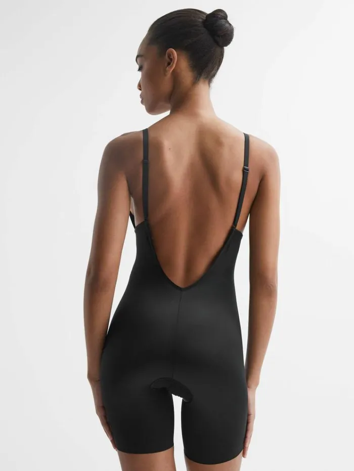 REISS Lingerie Women Spanx Shapewear Firming Plunge LowBack MidThigh Bodysuit Black