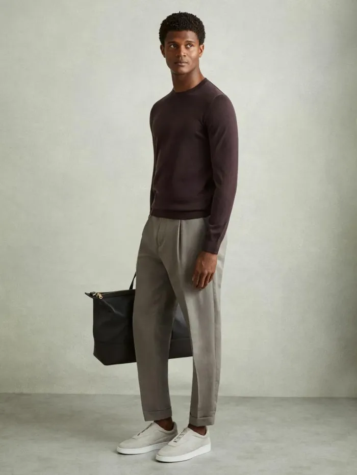 REISS Merino Sweaters Men Merino Wool Crew Neck Jumper Dark Bordeaux