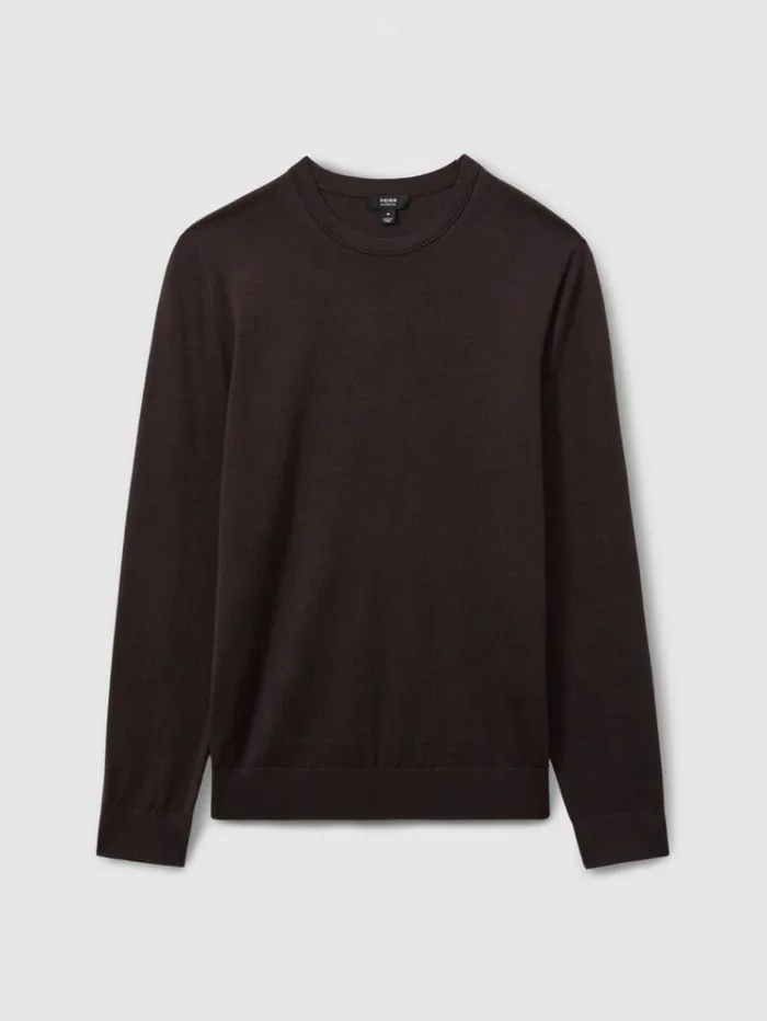 REISS Merino Sweaters Men Merino Wool Crew Neck Jumper Dark Bordeaux