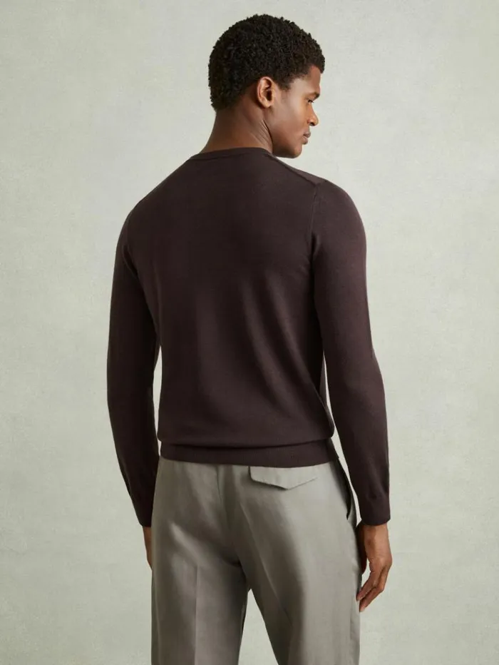 REISS Merino Sweaters Men Merino Wool Crew Neck Jumper Dark Bordeaux